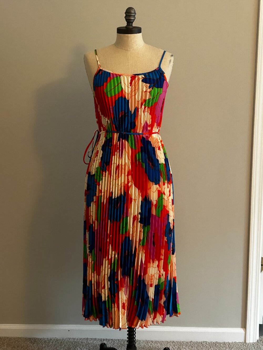 Sam Edelman Pleated Plisse Satin Belted Dress Sz S Multi Water Color Floral Midi